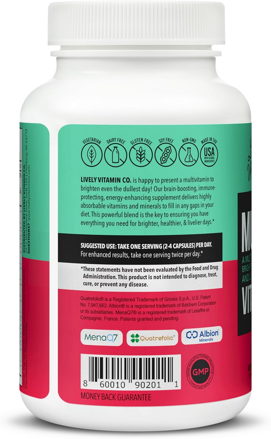 LIVELY VITAMIN CO. Multivitamin Supplement - 37 Essential Nutrients for Energy, Memory, Immune Support, Heart and Brain Health - Antioxidants - 120 Veg Caps - Gluten Soy Dairy Free