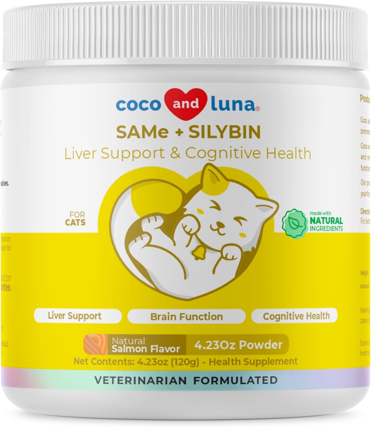 Liver and Cognitive Support Powder for Cats with Coco and Luna Same, Silybin, and S-Adenosyl-L-Methionine - 120g Liver Supplement