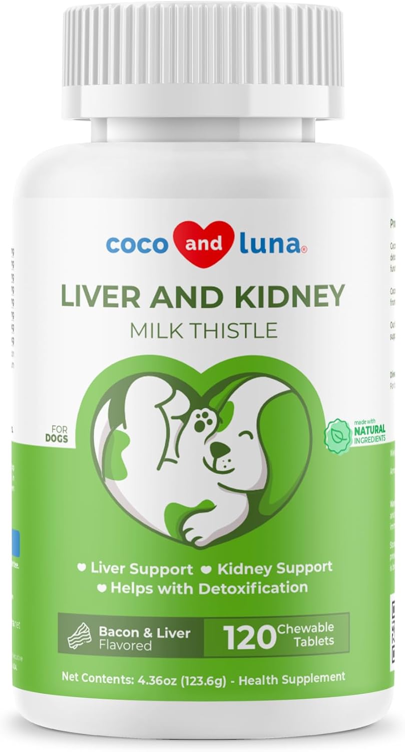 Liver and Kidney Support for Dogs - 120 Chewable Tablets with Silymarin, EPA & DHA - Detox Supplement with Choline and L-Arginine - Coco and Luna Milk Thistle