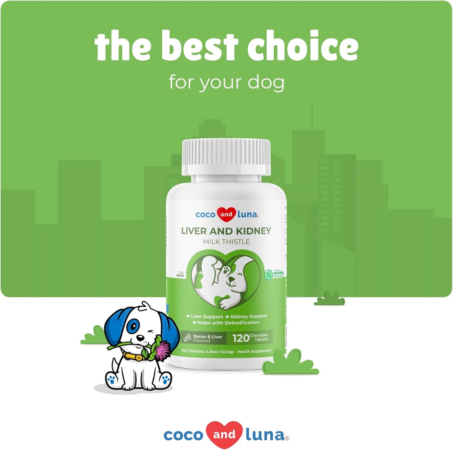 Liver and Kidney Support for Dogs - 120 Chewable Tablets with Silymarin, EPA & DHA - Detox Supplement with Choline and L-Arginine - Coco and Luna Milk Thistle