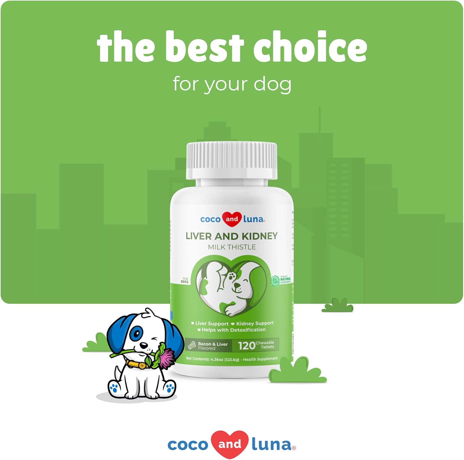 Liver and Kidney Support for Dogs - 120 Chewable Tablets with Silymarin, EPA & DHA - Detox Supplement with Choline and L-Arginine - Coco and Luna Milk Thistle