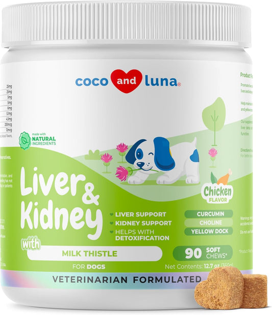 Liver and Kidney Support Soft Chews for Dogs - Milk Thistle with EPA & DHA - Detox Supplement with Choline and L-Arginine - 90 Count
