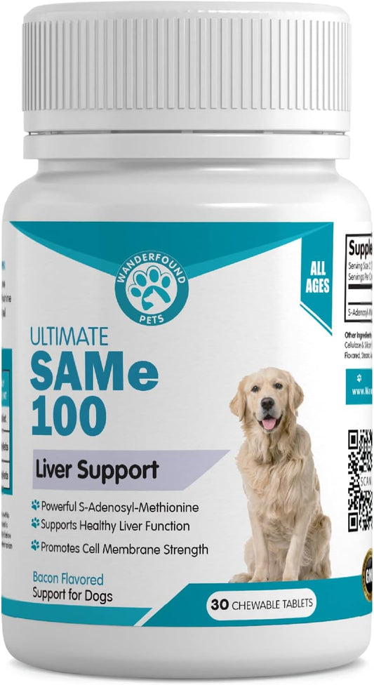 Liver & Brain Support Supplement for Dogs - Same S-Adenosyl-L-Methionine Hepatic Formula - Bacon Flavored Chewable Tablets - 30 Count