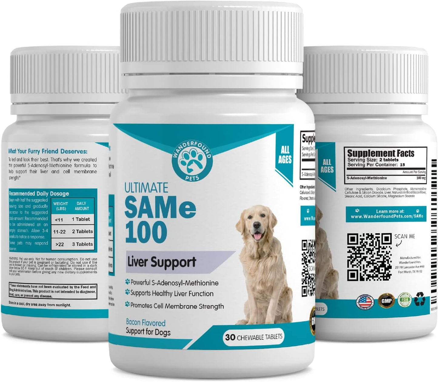 Liver & Brain Support Supplement for Dogs - Same S-Adenosyl-L-Methionine Hepatic Formula - Bacon Flavored Chewable Tablets - 30 Count
