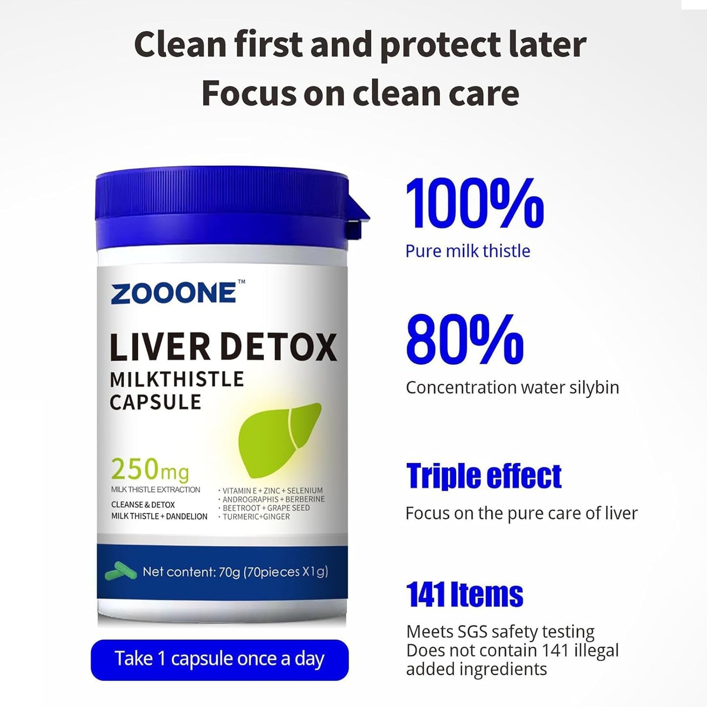Liver Cleanse Detox Capsules with Milk Thistle, Dandelion, Turmeric & Ginger - Gallbladder & Kidney Support Supplement (70 Caps)