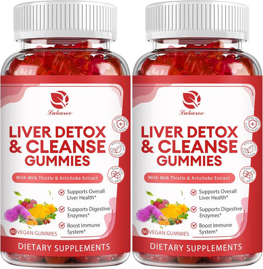 Liver Cleanse Detox Gummies with 24 Powerful Herbs including Milk Thistle, Dandelion, Artichoke Extract, and Elderberry - 120 Count - Raspberry Flavor - No Added Sugar