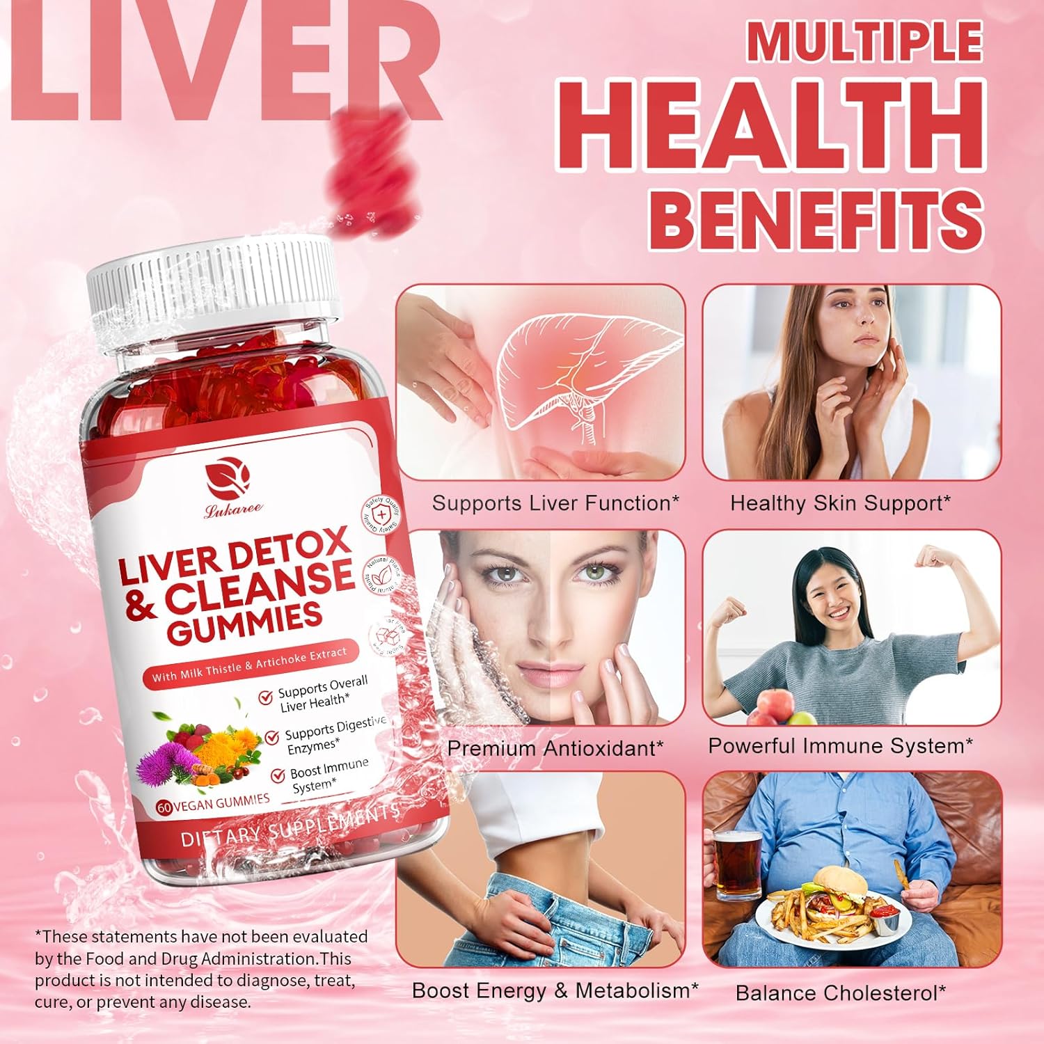 Liver Cleanse Detox Gummies with 24 Powerful Herbs including Milk Thistle, Dandelion, Artichoke Extract, and Elderberry - 120 Count - Raspberry Flavor - No Added Sugar