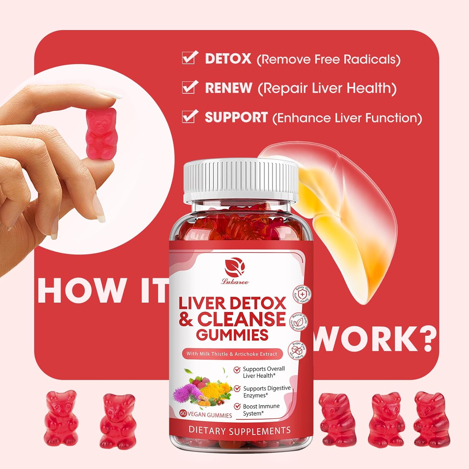 Liver Cleanse Detox Gummies with 24 Powerful Herbs including Milk Thistle, Dandelion, Artichoke Extract, and Elderberry - 120 Count - Raspberry Flavor - No Added Sugar