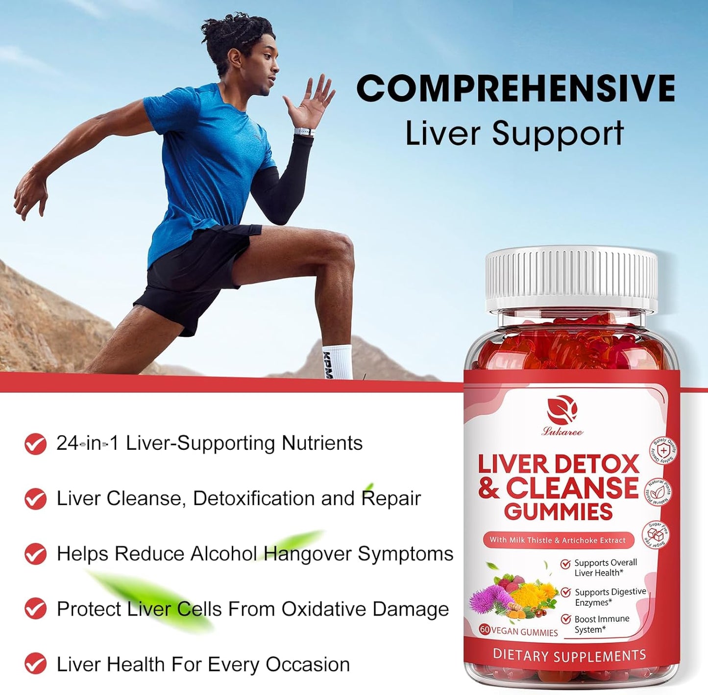 Liver Cleanse Detox Gummies with 24 Powerful Herbs including Milk Thistle, Dandelion, Artichoke Extract, and Elderberry - 120 Count - Raspberry Flavor - No Added Sugar