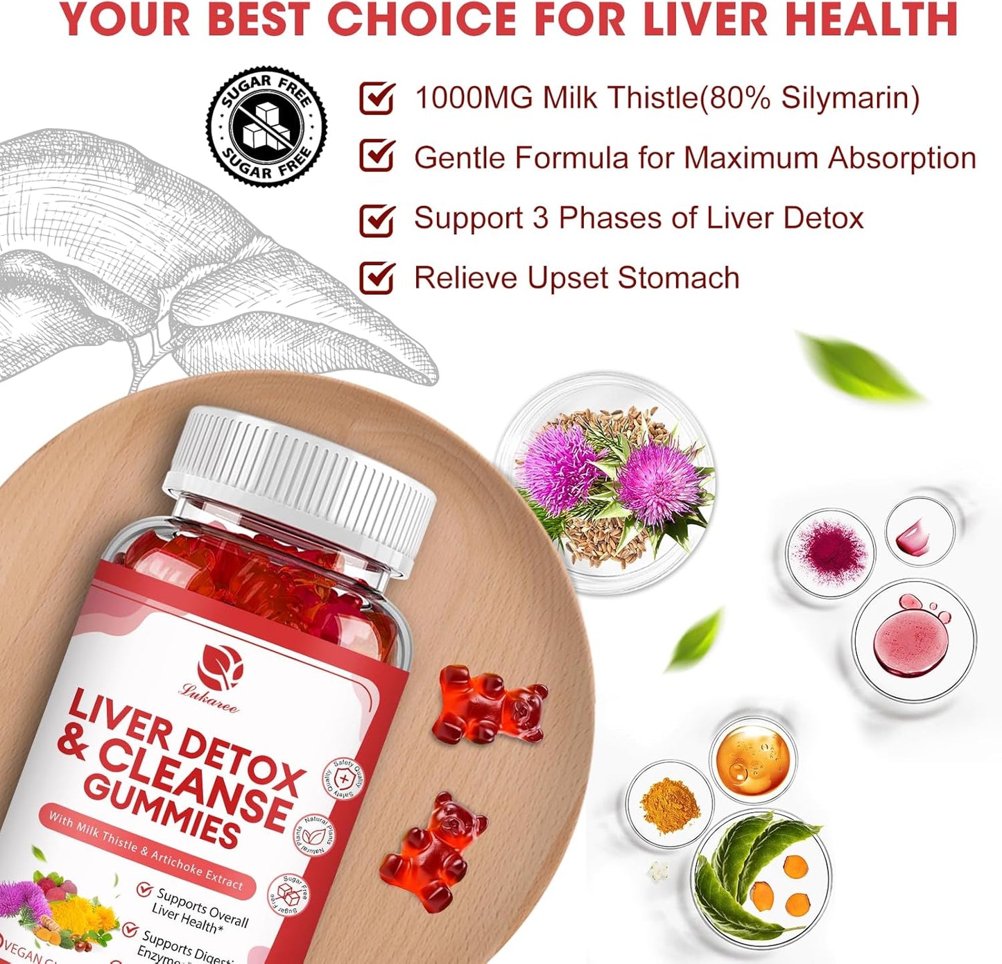 Liver Cleanse Detox Gummies with 24 Powerful Herbs including Milk Thistle, Dandelion, Artichoke Extract, and Elderberry - 120 Count - Raspberry Flavor - No Added Sugar