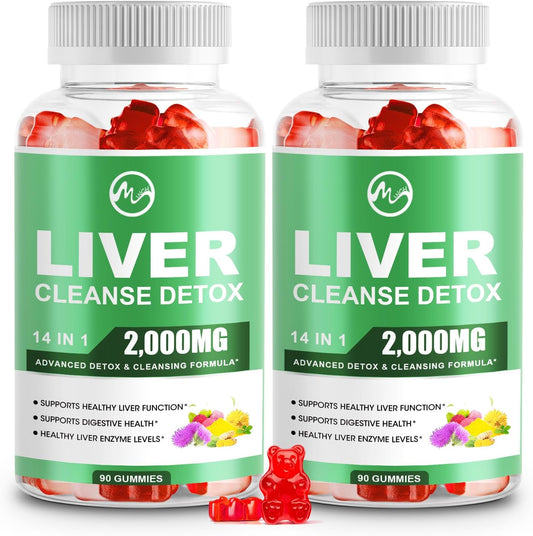 Liver Cleanse Detox Gummies with Milk Thistle, Dandelion, and Glutathione - 2000mg Liver Health Support Supplement, Sugar Free, 2 Pack, 180 Count, Raspberry Flavor