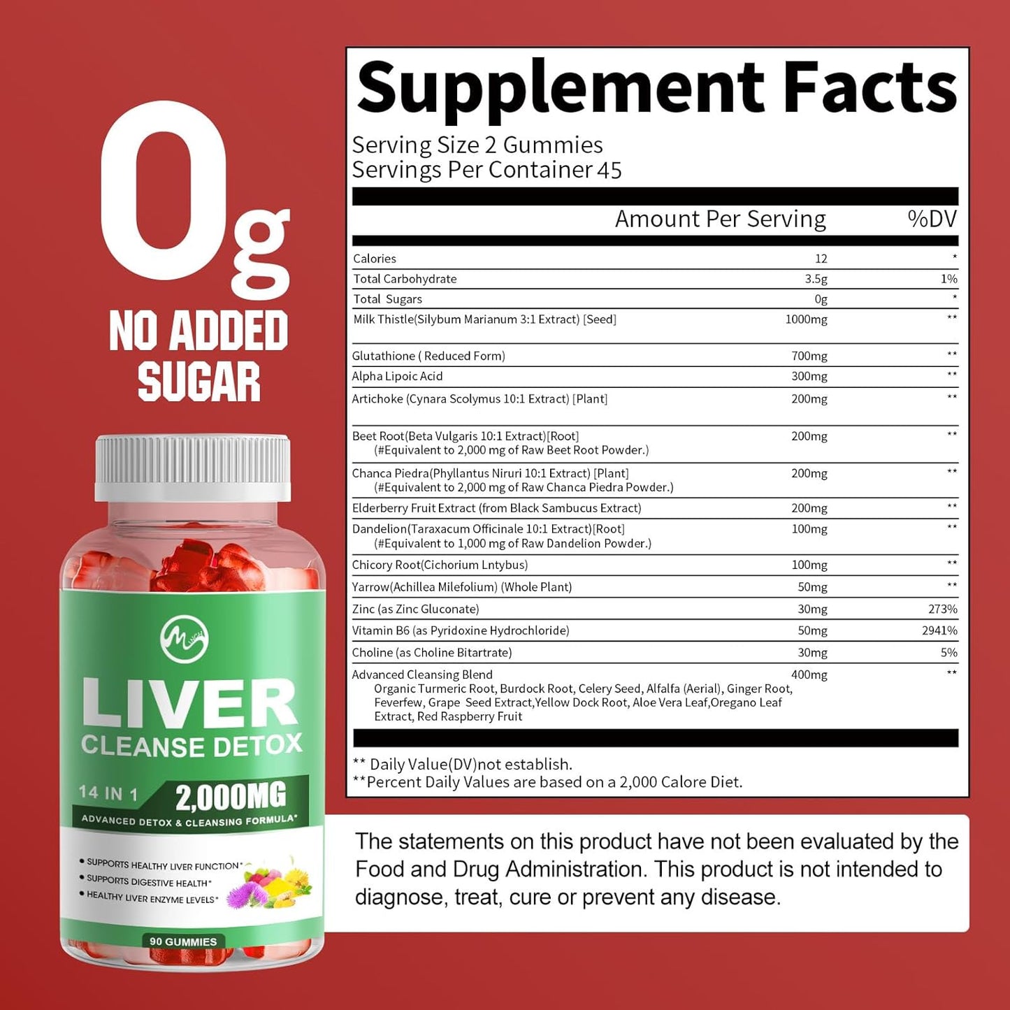 Liver Cleanse Detox Gummies with Milk Thistle, Dandelion, and Glutathione - 2000mg Liver Health Support Supplement, Sugar Free, 2 Pack, 180 Count, Raspberry Flavor