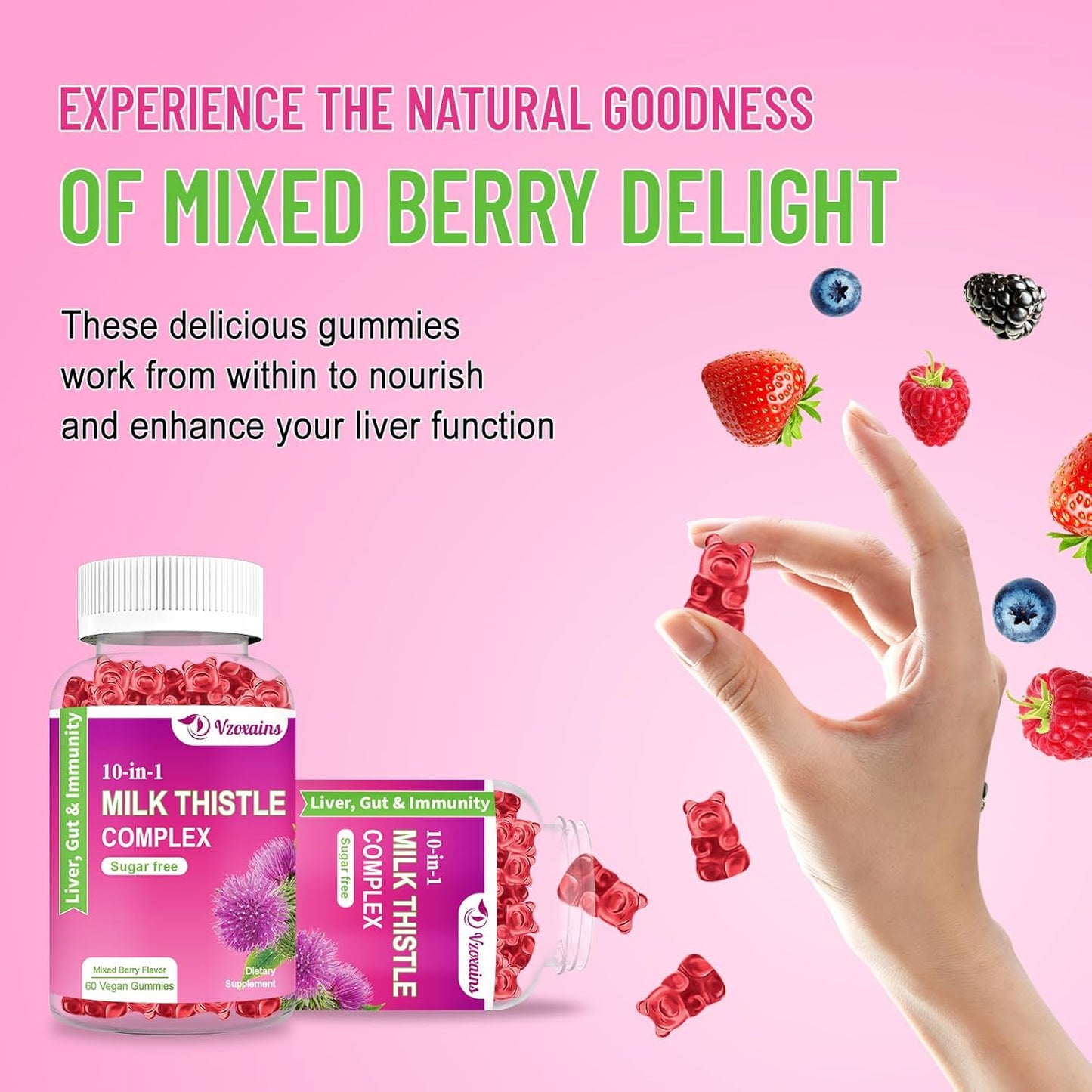 Liver Cleanse Detox Gummies with Milk Thistle, Dandelion Root, Turmeric, Artichoke - 10-in-1 Herbal Formula for Optimal Liver Function - Mixed Berry Flavor - Digestive Health Support
