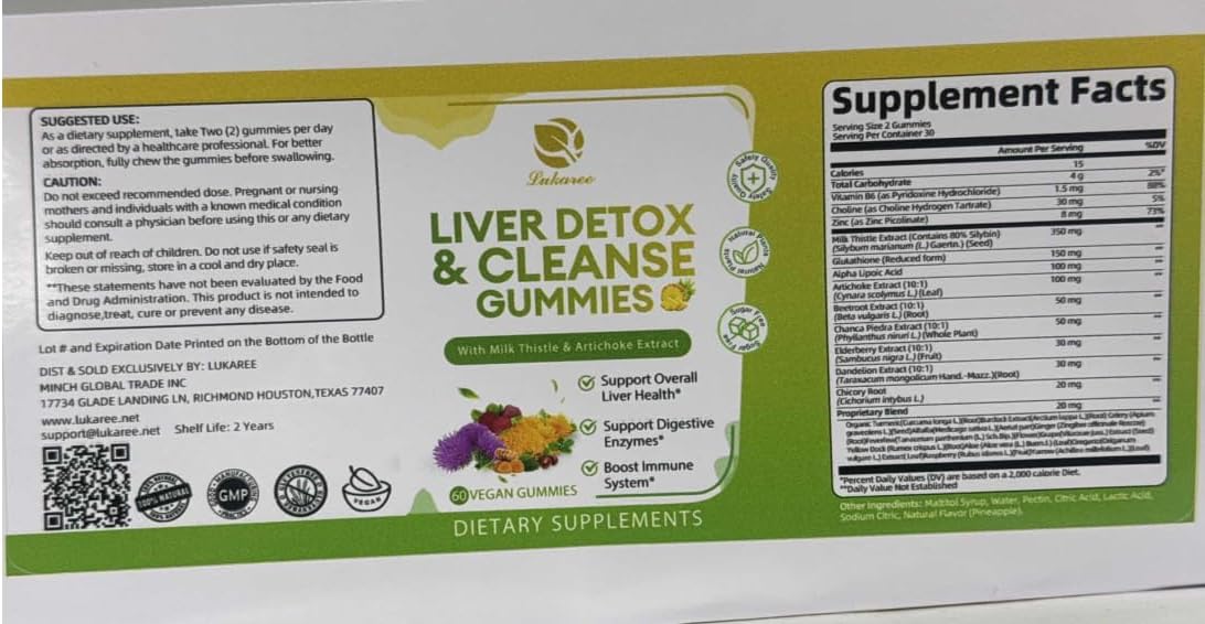Liver Cleanse Detox Gummies with Milk Thistle, Dandelion, Artichoke, Elderberry - 120 Count, Sugar-Free Pineapple Flavor