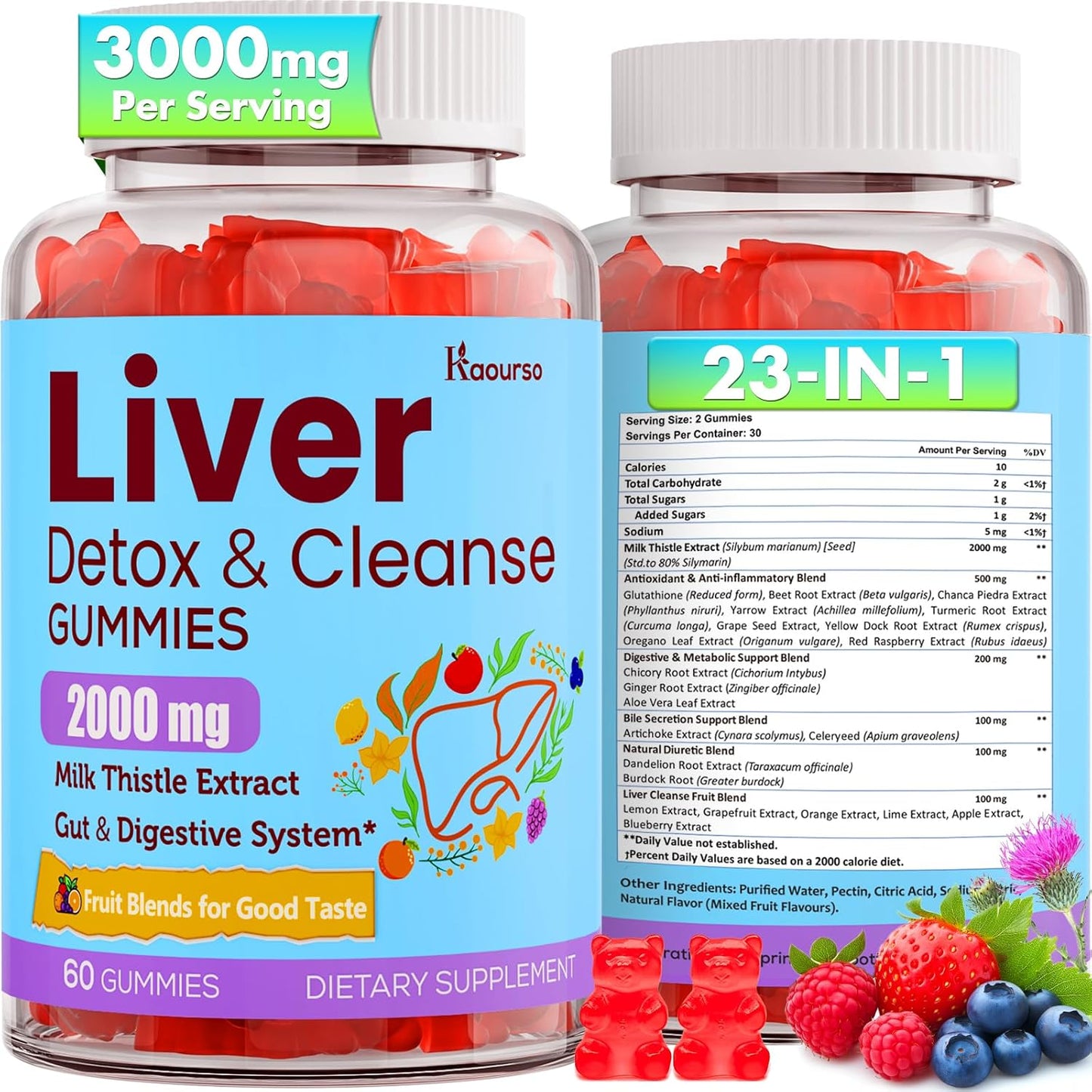 Liver Cleanse Detox Gummies with Milk Thistle, Turmeric, Dandelion Root & Artichoke - 3000mg Liver Support & Renewal, Antioxidant, Gut & Skin Health - 60 Fruit Flavor Gummies