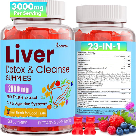 Liver Cleanse Detox Gummies with Milk Thistle, Turmeric, Dandelion Root & Artichoke - 3000mg Liver Support & Renewal, Antioxidant, Gut & Skin Health - 60 Fruit Flavor Gummies
