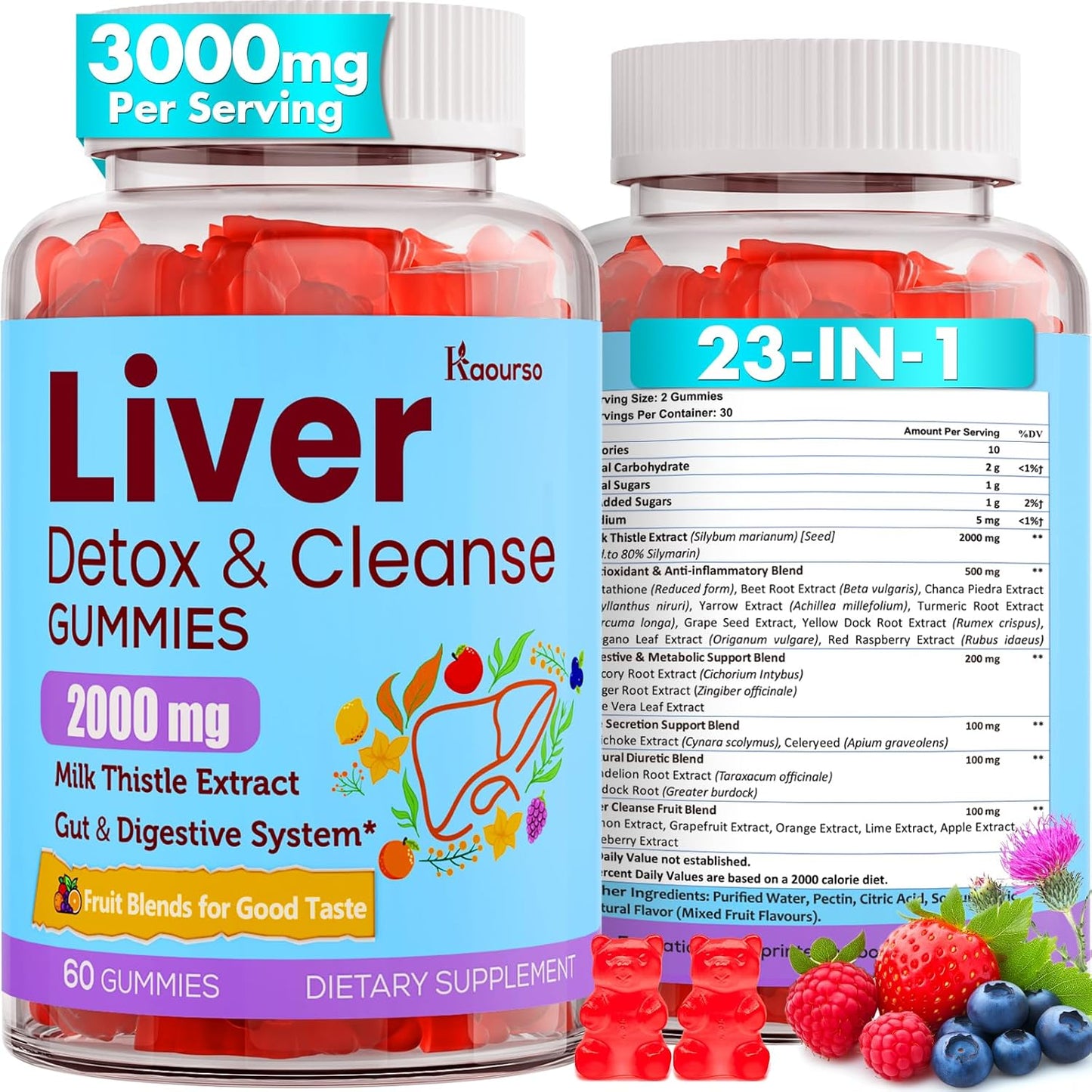 Liver Cleanse Detox Gummies with Milk Thistle, Turmeric, Dandelion Root & Artichoke - 3000mg Liver Support & Renewal, Antioxidant, Gut & Skin Health - 60 Fruit Flavor Gummies