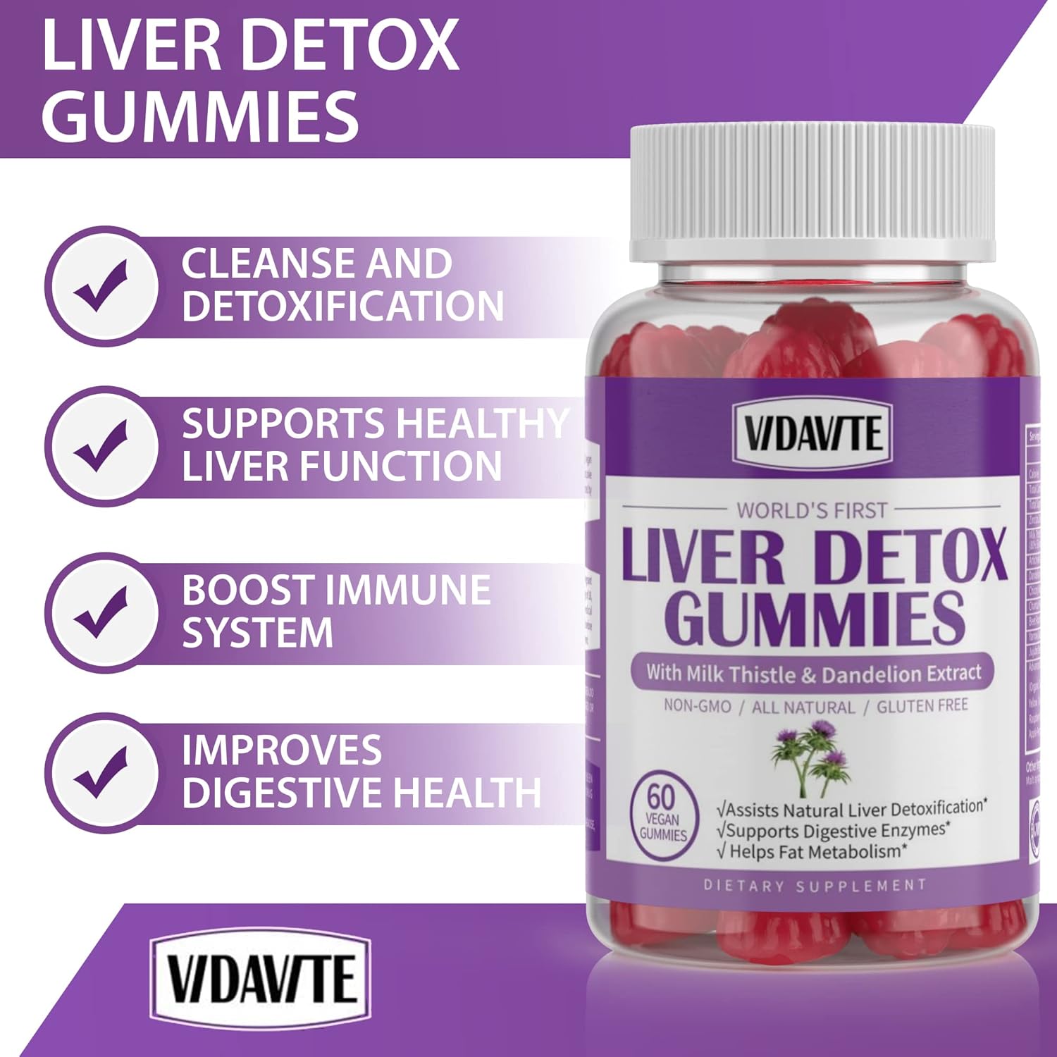 Liver Cleanse Detox Gummies with Silymarin, Artichoke, Dandelion & 20+ Herbs - 1500mg Supplement for Liver Support - Vegan (60 Gummies)