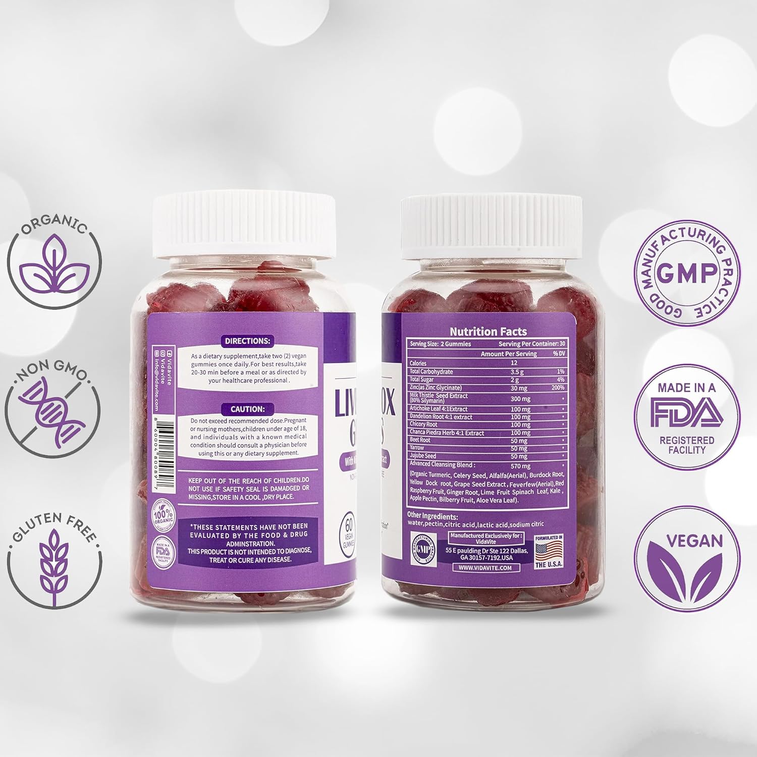Liver Cleanse Detox Gummies with Silymarin, Artichoke, Dandelion & 20+ Herbs - 1500mg Supplement for Liver Support - Vegan (60 Gummies)