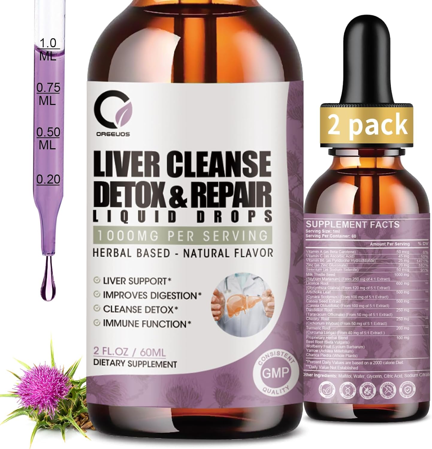 Liver Cleanse Detox Liquid Drops 2 Pack with Milk Thistle, Artichoke Extract - Liver Supplement for Detox, Repair, Antioxidant, Vegan - 4 Fl Oz