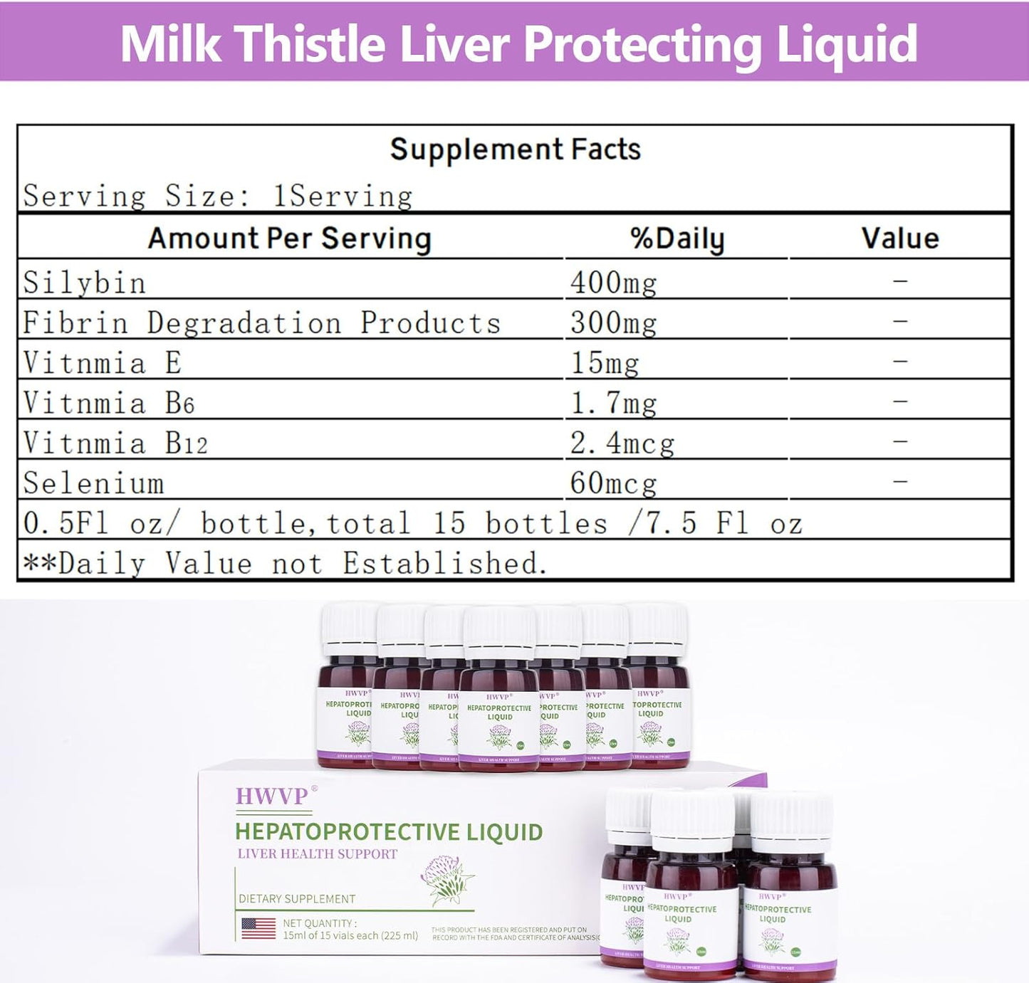 Liver Cleanse Detox Liquid with Milk Thistle - 15 Bottles, 7.5 FI oz Liver Protection Drops with Silymarin and FDP Cell Energy for Liver Repair and Detoxification