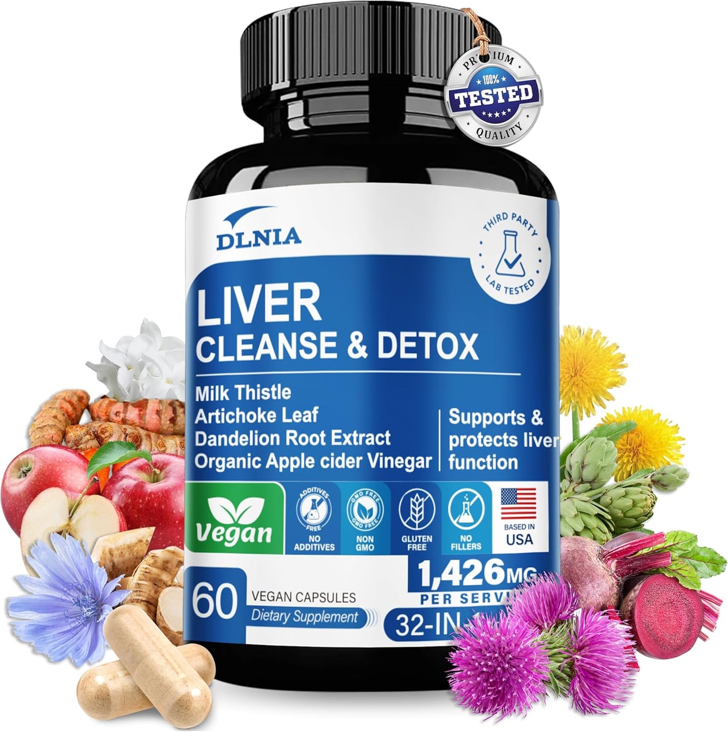 Liver Cleanse Detox & Repair Formula with Apple Cider Vinegar, Milk Thistle, Artichoke, Dandelion - Non-GMO Vegan Liver Support Supplement