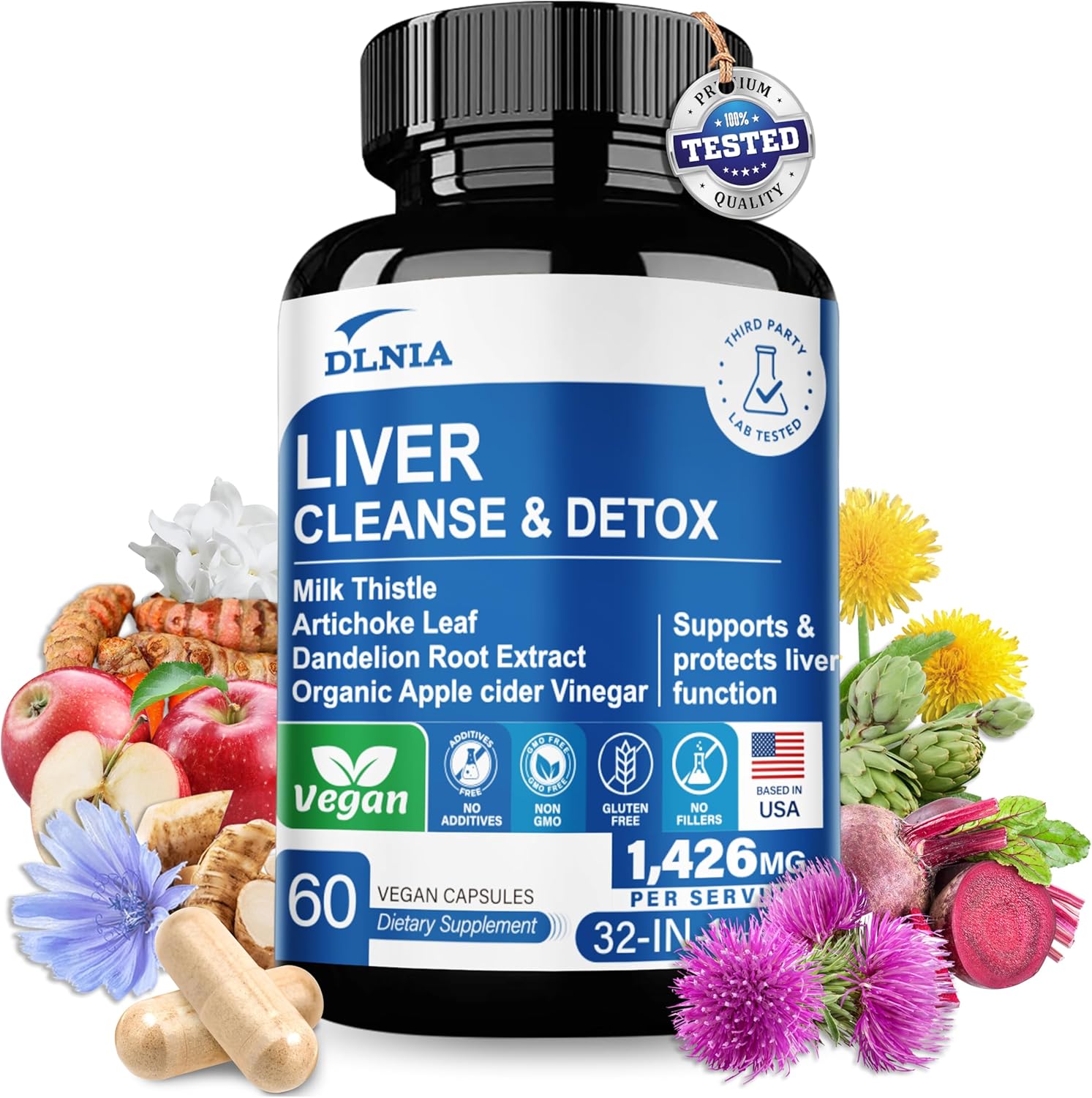 Liver Cleanse Detox & Repair Formula with Apple Cider Vinegar, Milk Thistle, Artichoke, Dandelion - Non-GMO Vegan Liver Support Supplement