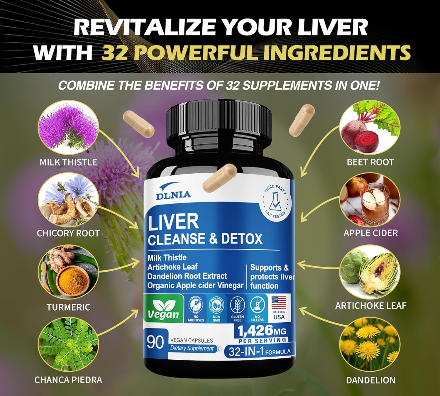 Liver Cleanse Detox & Repair Formula with Apple Cider Vinegar, Milk Thistle, Artichoke, Dandelion - Non-GMO Vegan Liver Support Supplement