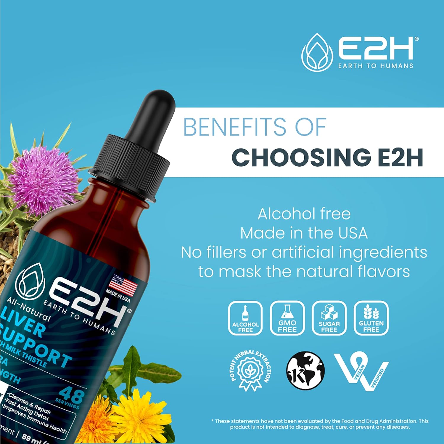 Liver Cleanse Detox & Repair Supplement with Milk Thistle, Artichoke, Dandelion Root - Herbal Liver Support - 2 Fl Oz by E2H