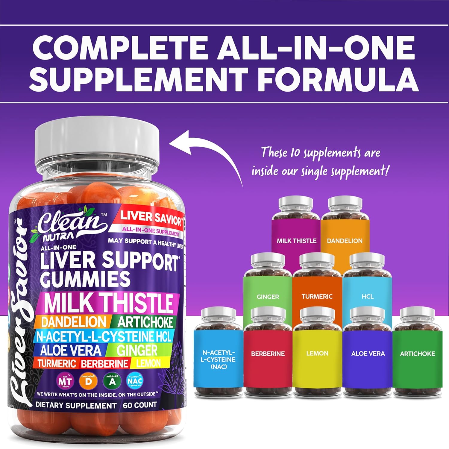 Liver Cleanse Detox Support Gummies with Milk Thistle & More - Clean Nutraceuticals Liver Cleanse Gummy Vitamins with Turmeric, Berberine, and More