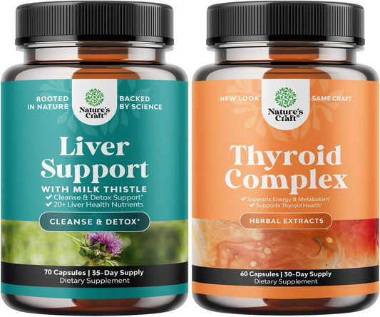 Liver Cleanse Detox & Thyroid Support Bundle - Natural Formula with Milk Thistle, Dandelion, Turmeric, Artichoke Extract - Energy Supplement for Thyroid Health & Mood Enhancement