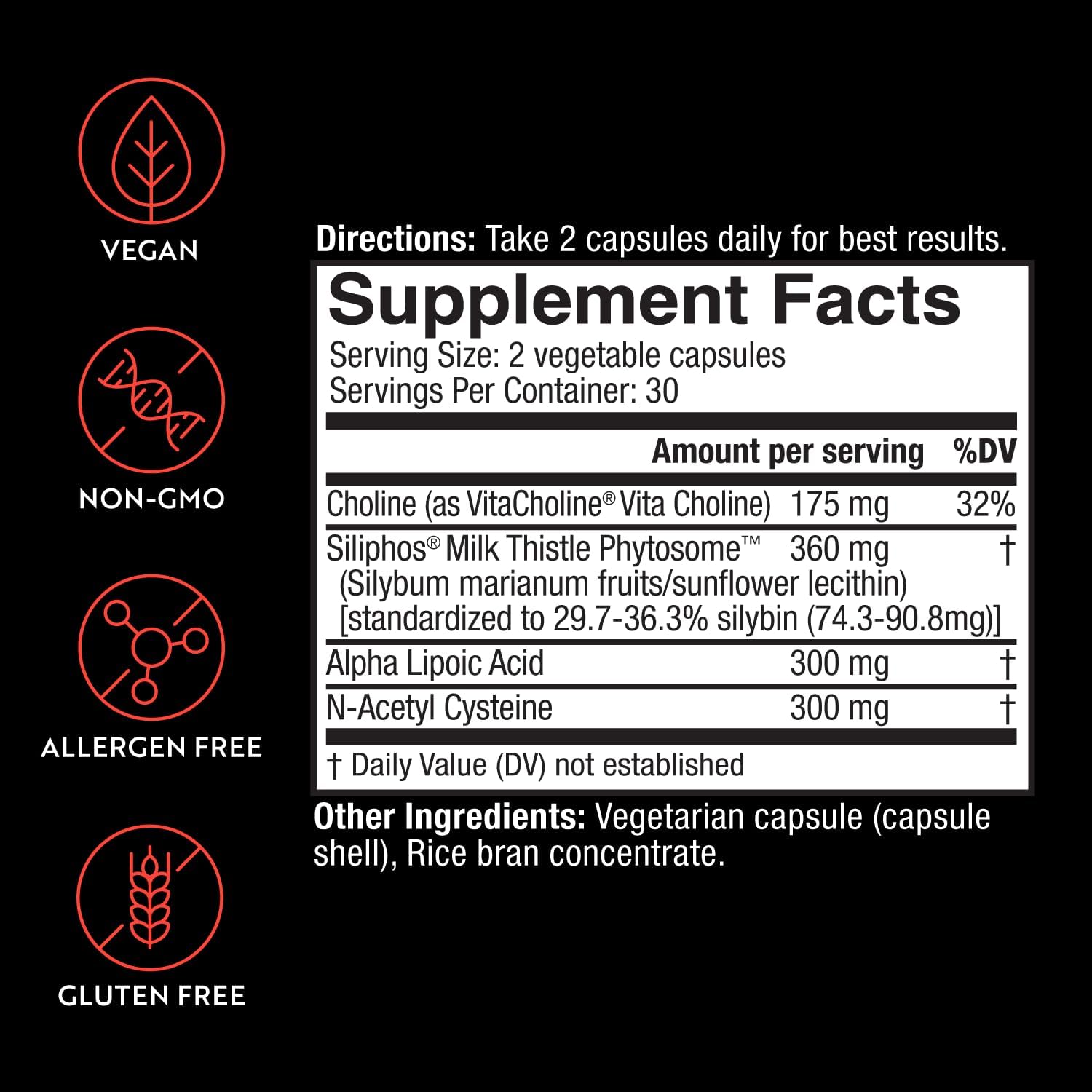 Liver Cleanse Supplement with Milk Thistle, Alpha Lipoic Acid, Choline, NAC - Supports Healthy Liver Function - 60 Veggie Capsules