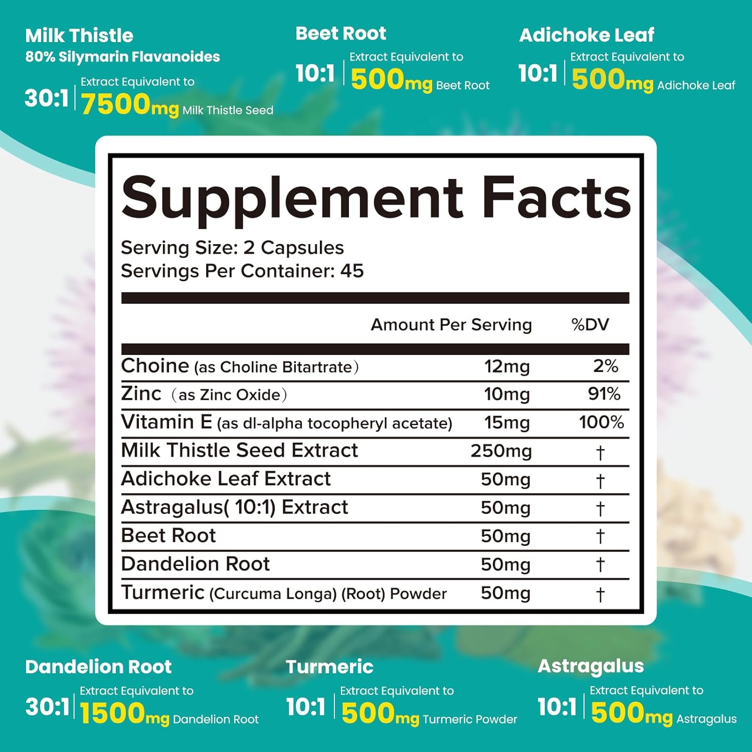 Liver Detox Cleanse Formula Herbal Supplement with Milk Thistle, Dandelion Root, Artichoke, Turmeric, Astragalus - 90 Capsules