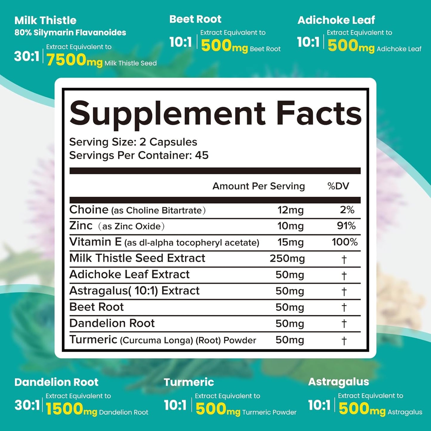 Liver Detox Cleanse Formula with Milk Thistle, Dandelion, Artichoke, Turmeric, Astragalus - 90 Capsules