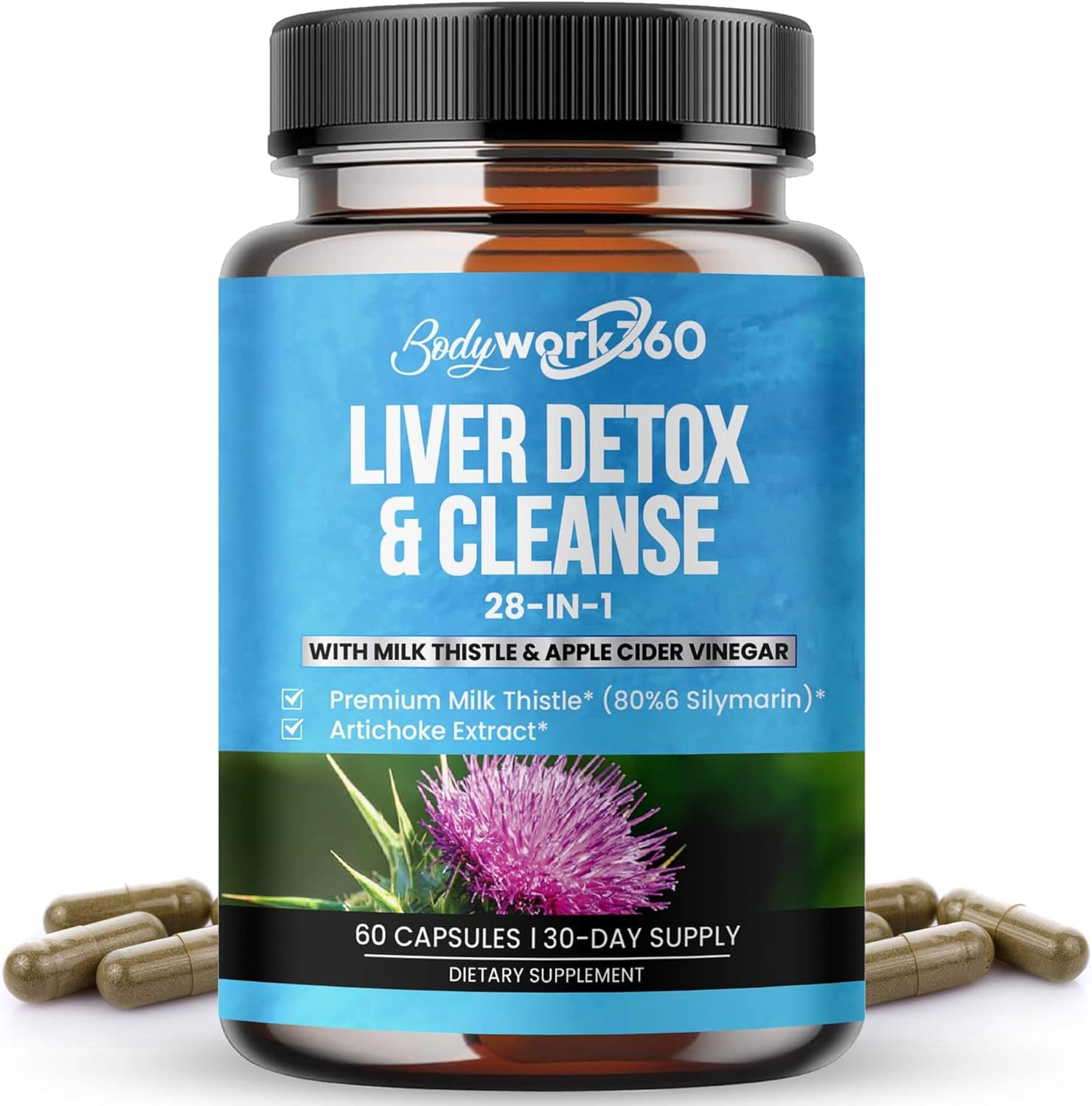 Liver Detox & Cleanse Supplement with Milk Thistle & Apple Cider Vinegar - 28-in-1 Liver Repair for Men & Women - Non-GMO, 60 Capsules