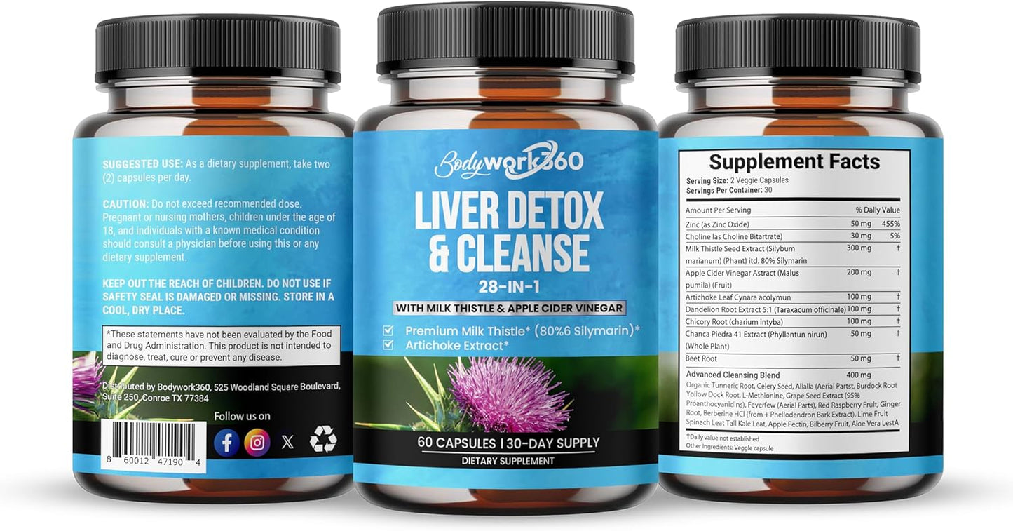 Liver Detox & Cleanse Supplement with Milk Thistle & Apple Cider Vinegar - 28-in-1 Liver Repair for Men & Women - Non-GMO, 60 Capsules