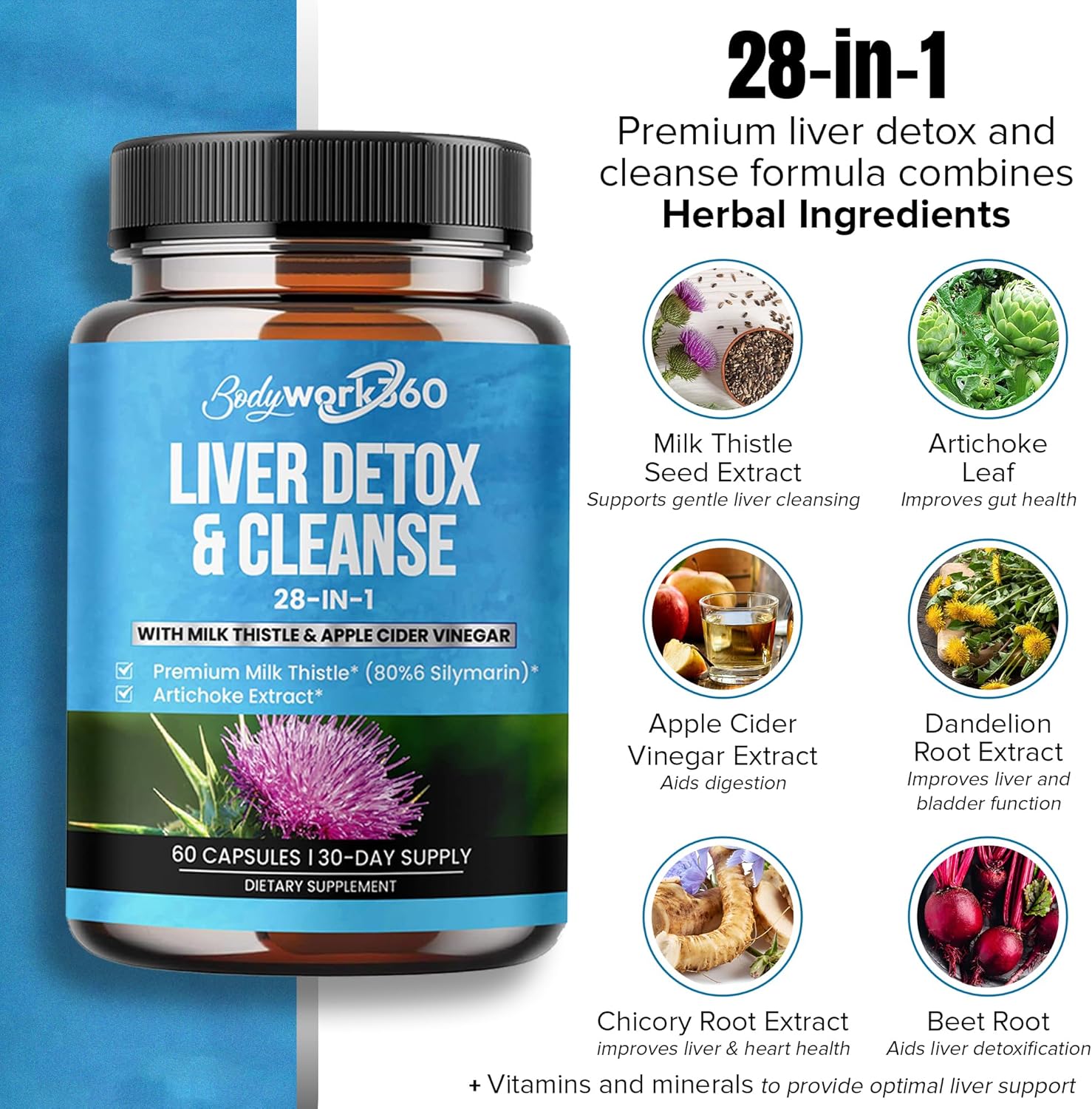 Liver Detox & Cleanse Supplement with Milk Thistle & Apple Cider Vinegar - 28-in-1 Liver Repair for Men & Women - Non-GMO, 60 Capsules