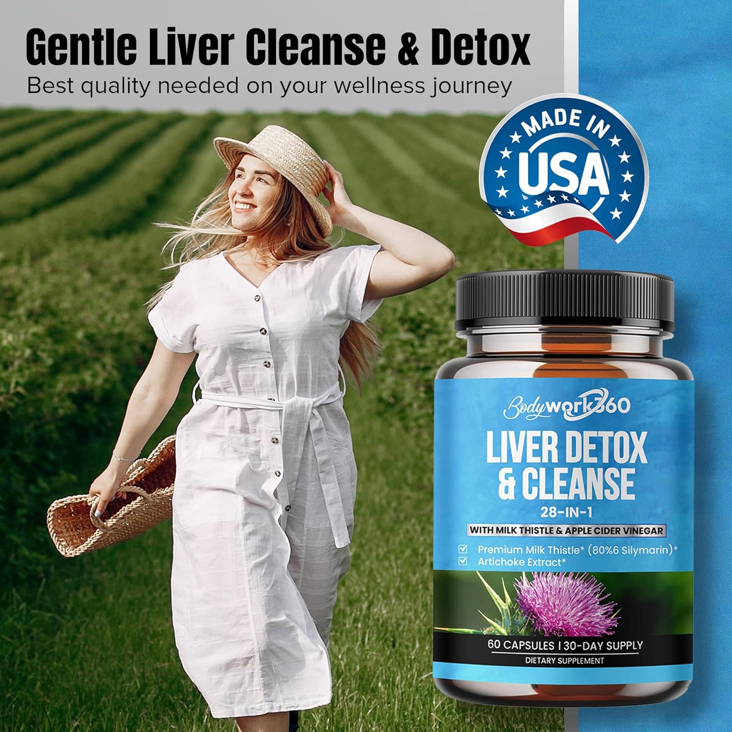 Liver Detox & Cleanse Supplement with Milk Thistle & Apple Cider Vinegar - 28-in-1 Liver Repair for Men & Women - Non-GMO, 60 Capsules
