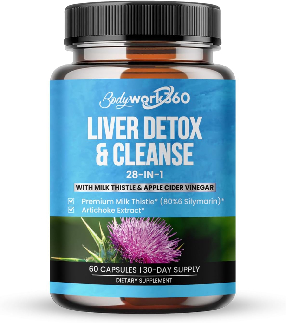 Liver Detox & Cleanse Supplement with Milk Thistle & Apple Cider Vinegar - 28-in-1 Liver Repair for Men & Women - Non-GMO, 60 Capsules