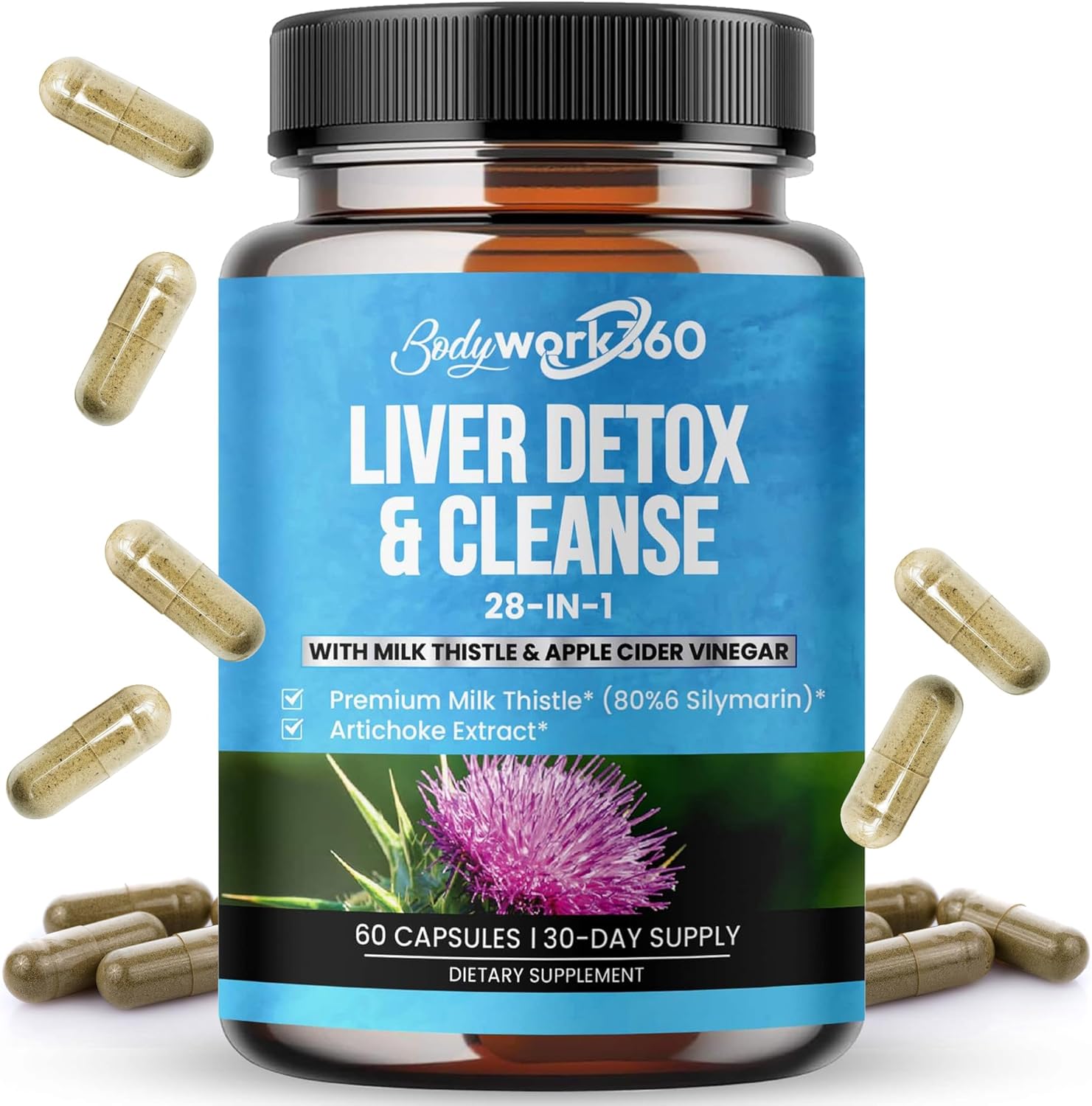 Liver Detox & Cleanse Supplement with Milk Thistle & Apple Cider Vinegar - 28-in-1 Liver Repair for Men & Women - Non-GMO, 60 Capsules