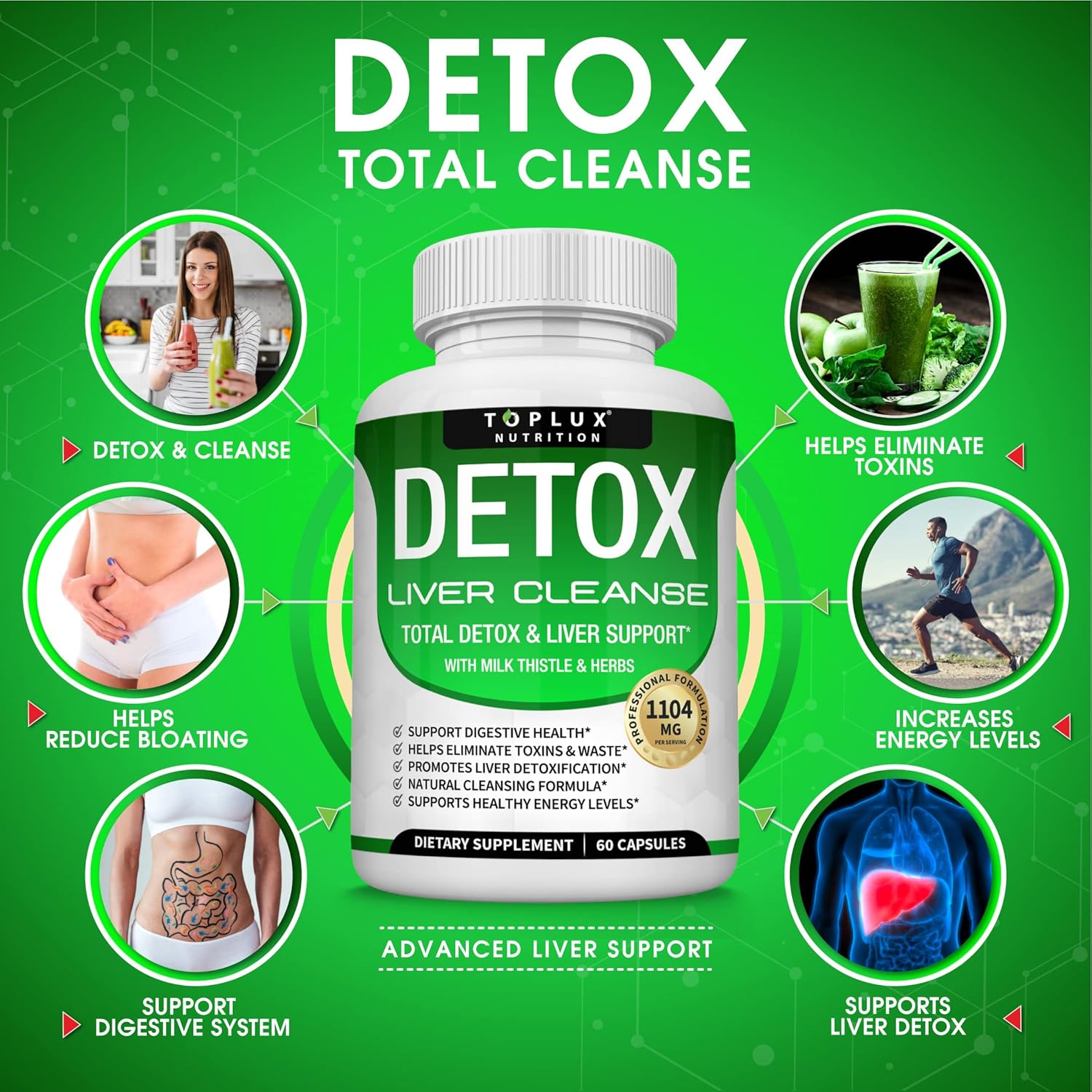 Liver Detox Cleanse & Support Formula - Natural 5 Day Cleanse with Milk Thistle & 25+ Herbs - 60 Capsules by Toplux Nutrition