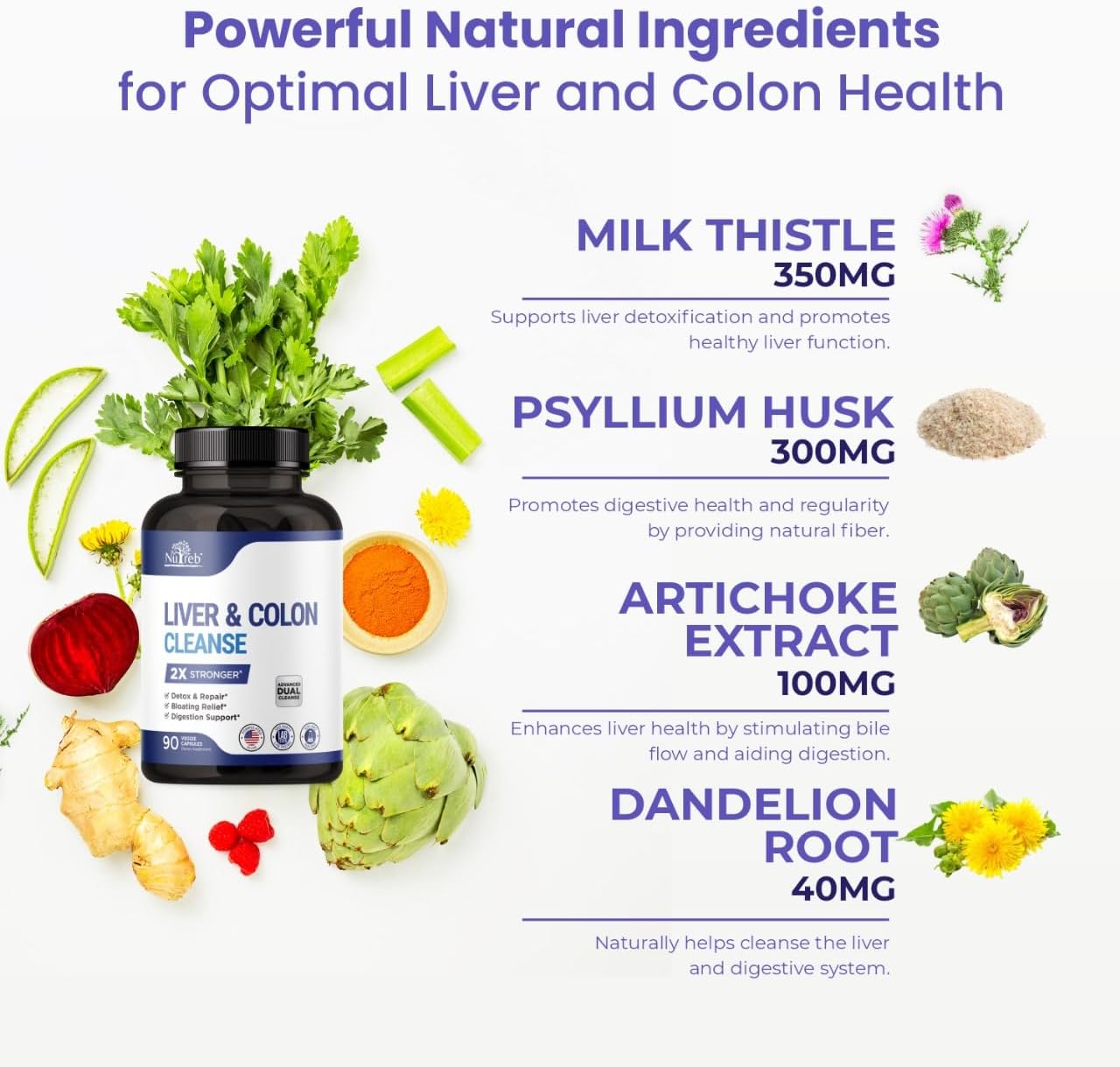Liver Detox & Colon Cleanse: Double Strength Formula for Liver Cleanse, Colon Detox, and Repair - Premium Milk Thistle Supplement for Men & Women - Vegan 90 Capsules