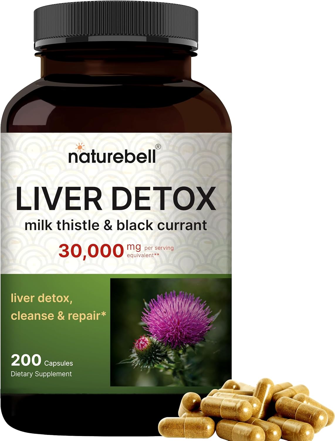 Liver Detox Supplements with Milk Thistle 30,000mg & Black Currant - 200 Capsules, Natural Silymarin Extract for Herbal Cleanse & Repair Support - Non-GMO - Extra Strength Formula