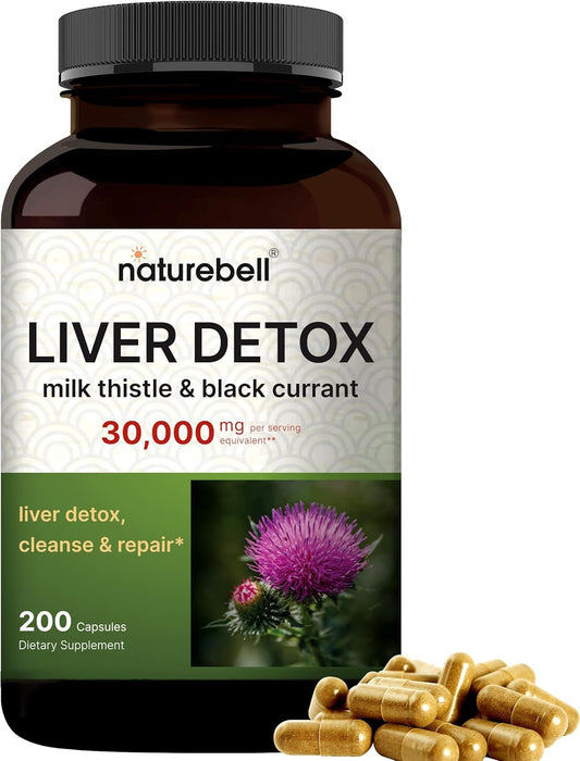 Liver Detox Supplements with Milk Thistle 30,000mg & Black Currant - 200 Capsules, Natural Silymarin Extract for Herbal Cleanse & Repair Support - Non-GMO - Extra Strength Formula