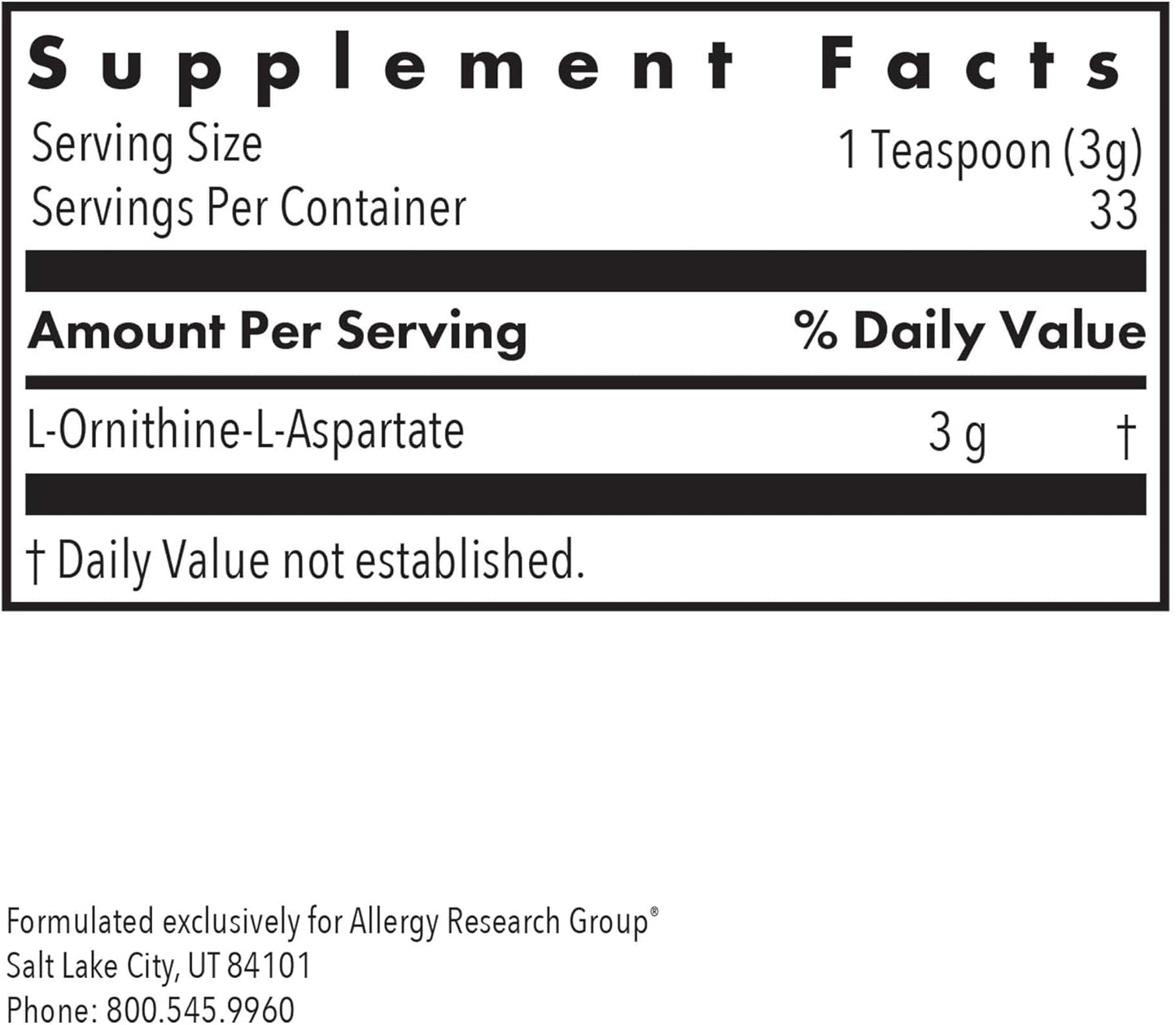 Liver Detox Support with Allergy Research Group L-Ornithine-L-Aspartate Powder - Pure Amino Acid Complex Supplement - 3000mg - 3.5 Oz