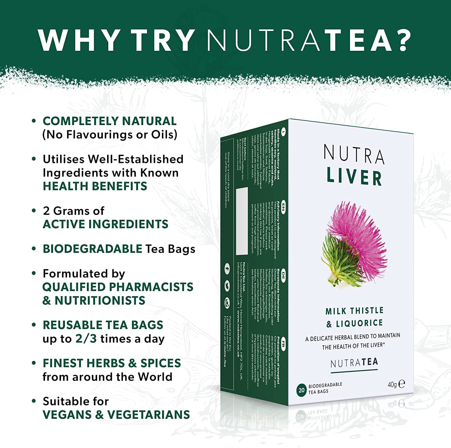 Liver Detox Tea - Supports Cleansing & Health - Milk Thistle, Turmeric, Fennel - 20 Tea Bags - Nutra Tea