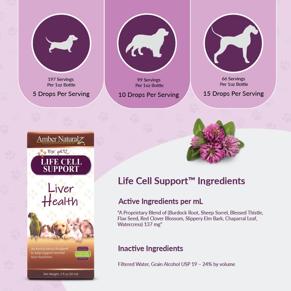 Liver Health Herbal Supplement for Pets | Amber NaturalZ Life Cell Support | Dogs, Cats, Birds, Guinea Pigs, Rabbits | USA-Made | 1oz Bottle