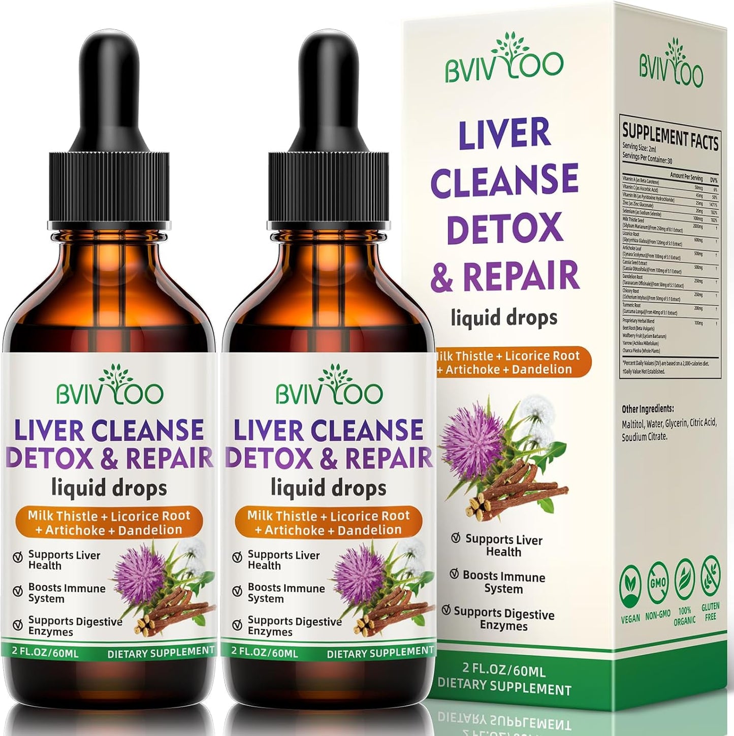 Liver Health Liquid Drops 2 Pack - 2000mg Milk Thistle, Dandelion Root, Artichoke, Turmeric Herbs - Vegan, Non-GMO - 4 Fl Oz