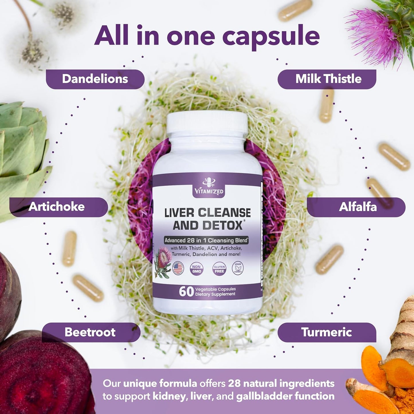 Liver Health Supplement with 28-in-1 Advanced Herbal Formula - Detox & Repair Fatty Liver - Milk Thistle, Artichoke, Dandelion & Apple Cider Vinegar - 60 Pills