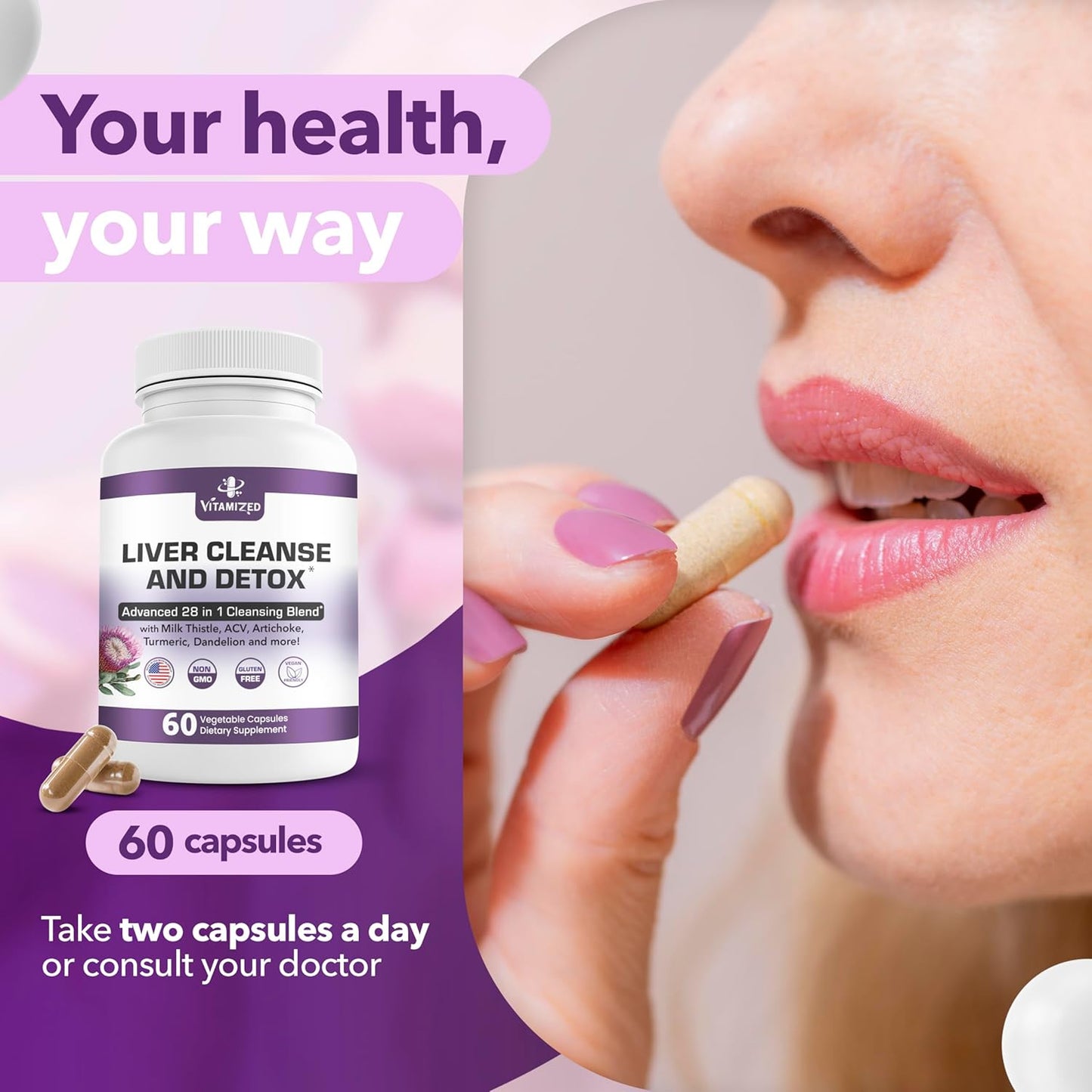 Liver Health Supplement with 28-in-1 Advanced Herbal Formula - Detox & Repair Fatty Liver - Milk Thistle, Artichoke, Dandelion & Apple Cider Vinegar - 60 Pills